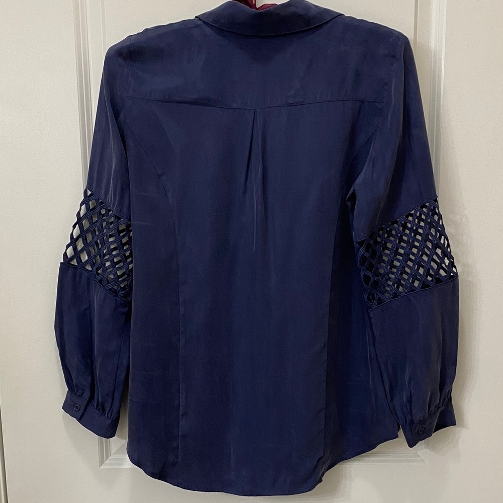 A. Z. I. Elegant Navy Button Down Shirt with Lattice Sleeves - Picture 3 of 5